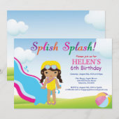 ウォータースライドプールパーティー誕生日招待状 女の子 招待状 (正面/裏面)