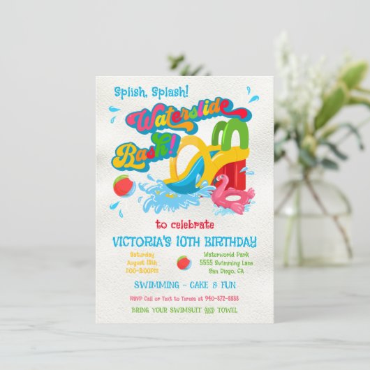 ウォータースライドプールパーティー誕生日Bash 招待状 (スタンド正面)