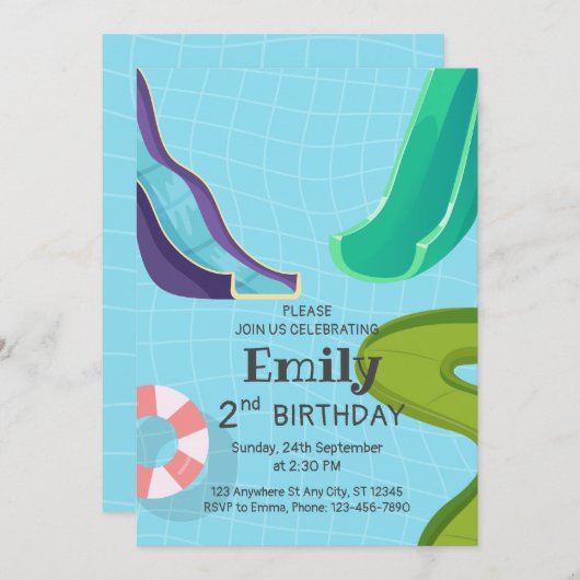 ウォータースライドプール誕生日パーティー、ウォータースライド 招待状 (正面/裏面)