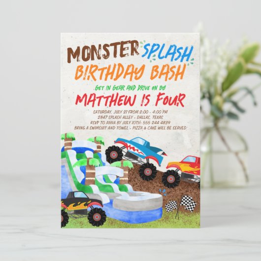 ウォータースライドモンスタートラック誕生日招待状 招待状 (スタンド正面)