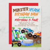 ウォータースライドモンスタートラック誕生日招待状 招待状 (正面/裏面)