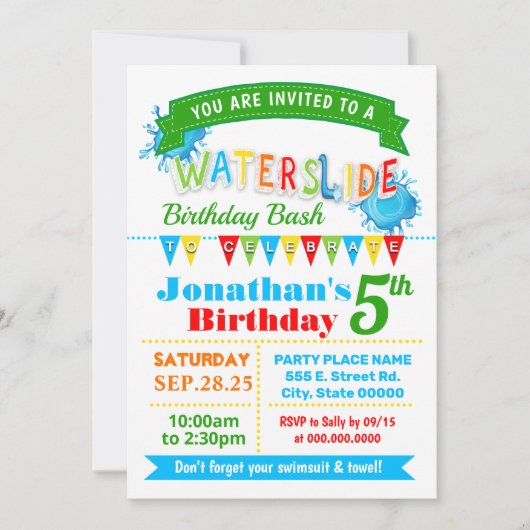 ウォータースライド誕生日の夏のパーティーの原色 招待状 (正面)