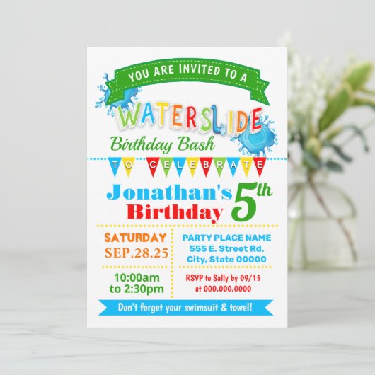 ウォータースライド誕生日の夏のパーティーの原色 招待状 (スタンド正面)