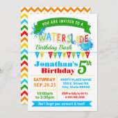 ウォータースライド誕生日の夏のパーティーの原色 招待状 (正面/裏面)