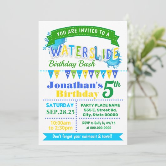 ウォータースライド誕生日の夏のパーティー青緑の黄色 招待状 (スタンド正面)