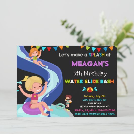 ウォータースライド誕生日の招待プールパーティー招待状 招待状 (スタンド正面)