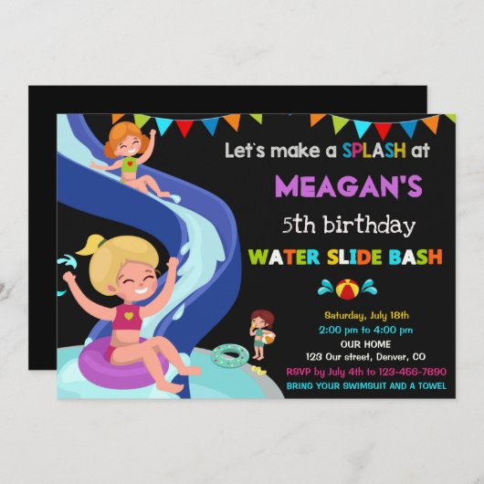 ウォータースライド誕生日の招待プールパーティー招待状 招待状 (正面/裏面)