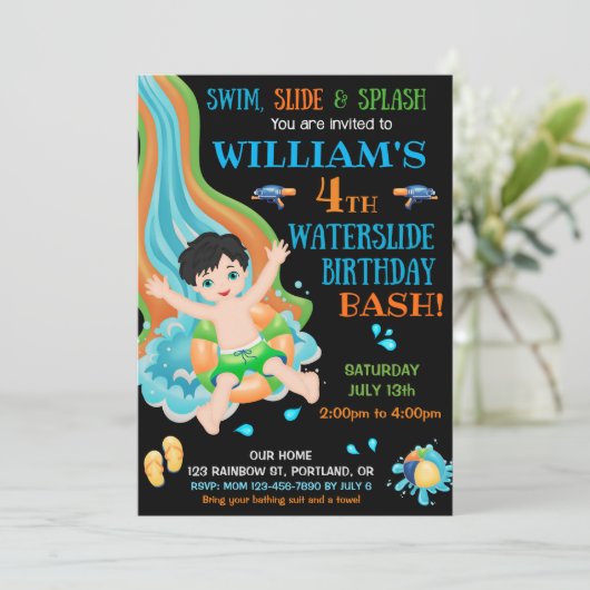 ウォータースライド誕生日の招待プールパーティー招待状 招待状 (スタンド正面)