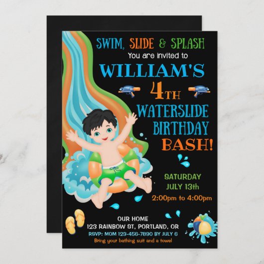ウォータースライド誕生日の招待プールパーティー招待状 招待状 (正面/裏面)