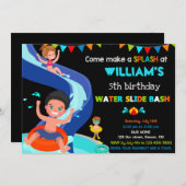 ウォータースライド誕生日の招待ボーイプールパーティー 招待状 (正面/裏面)