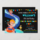 ウォータースライド誕生日の招待ボーイプールパーティー 招待状 (正面/裏面)