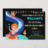 ウォータースライド誕生日の招待ボーイプールパーティー 招待状 (正面/裏面)