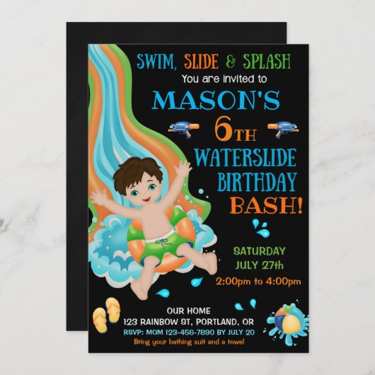ウォータースライド誕生日の招待状ウォーターパークの夏 招待状 (正面/裏面)
