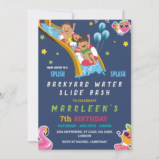 ウォータースライド誕生日ボーイまたはガールスプラッシュパーティーブルー 招待状 (正面)