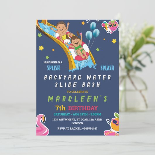 ウォータースライド誕生日ボーイまたはガールスプラッシュパーティーブルー 招待状 (スタンド正面)