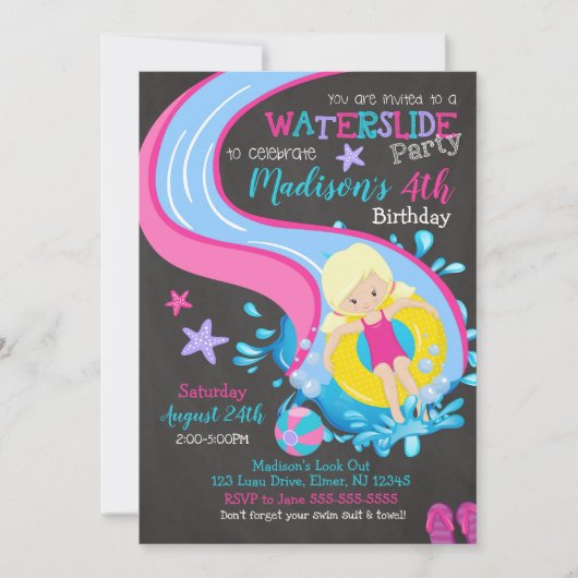 ウォータースライド誕生日招待状/プールパーティー/ガール 招待状 (正面)