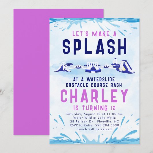 ウォータースライド障害物コースの誕生日招待状 招待状 (正面/裏面)