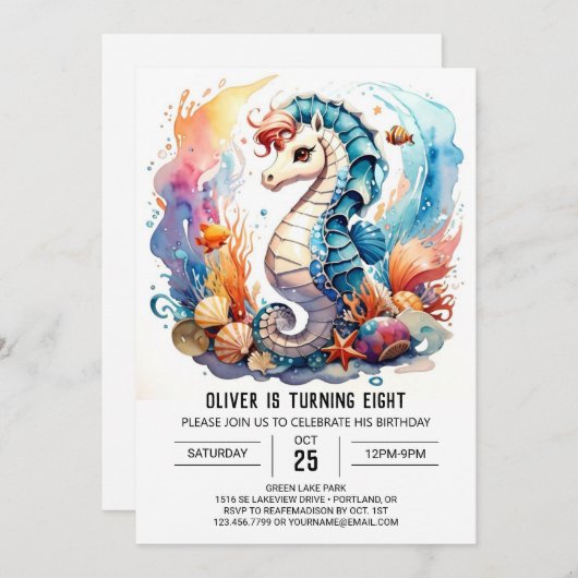 ウォーターズお洒落シーホース誕生日 招待状 (正面/裏面)