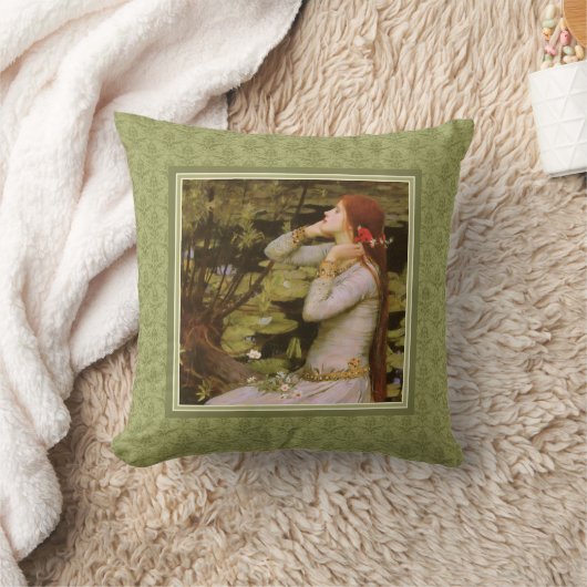 ウォーターハウスのオフェリアの緑のダマスク織 クッション (ブランケット)