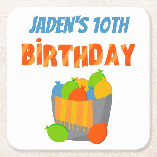 ウォーターバルーンプールパーティーキッズサマー誕生日 スクエアペーパーコースター (正面)