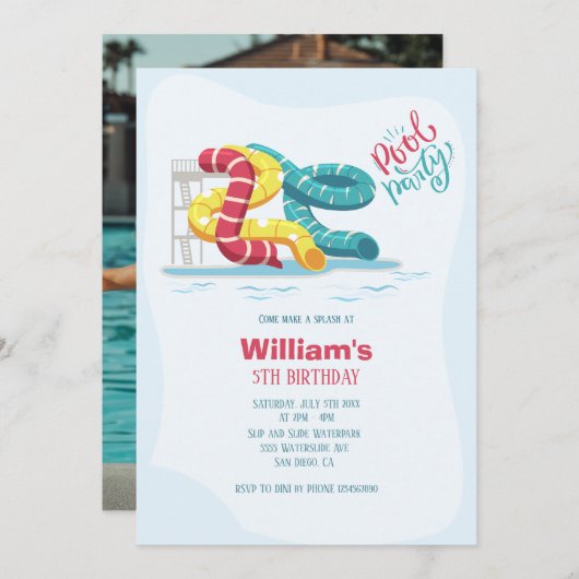 ウォーターパークウォータースライドプールパーティー誕生日写真 招待状 (正面/裏面)