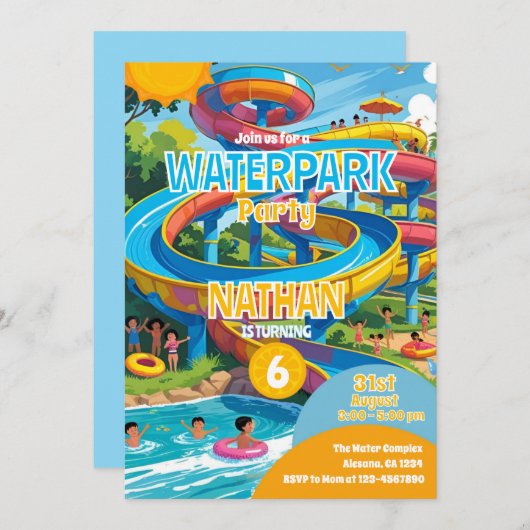 ウォーターパークウォータースライドプールパーティー誕生日招待状 招待状 (正面/裏面)