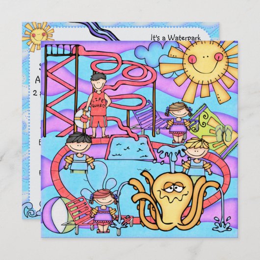 ウォーターパークカスタマイズおもしろい誕生日招待状 招待状 (正面/裏面)