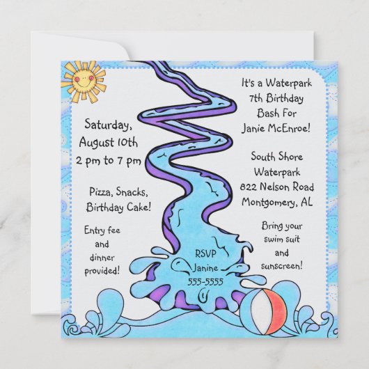 ウォーターパークカスタマイズおもしろい誕生日招待状 招待状 (裏面)