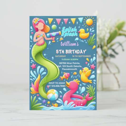 ウォーターパーククールサマースプラッシュパッドの最初の誕生日 招待状 (スタンド正面)