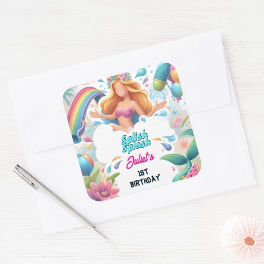ウォーターパーククールサマースプラッシュパッド1st誕生日 スクエアシール (封筒)
