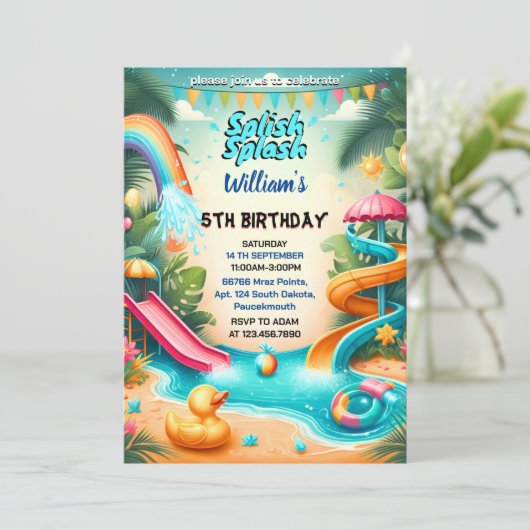 ウォーターパーククールサマースプラッシュパッド4th誕生日 招待状 (スタンド正面)