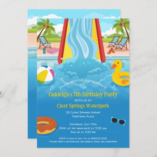 ウォーターパークスライドチャイルドバースデーパーティー 招待状 (正面/裏面)