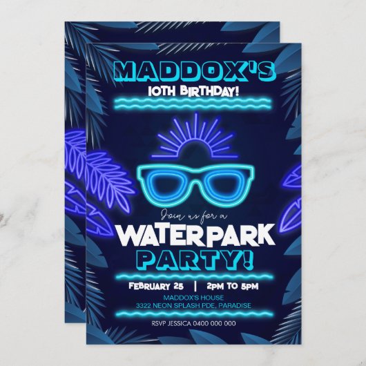 ウォーターパークパーティの招待状ネオンボーイサマー 招待状 (正面/裏面)
