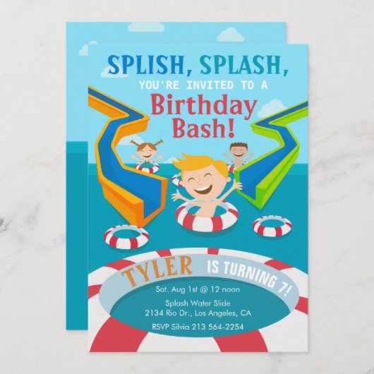 ウォーターパークボーイズが誕生日パーティーの招待を水泳 招待状 (正面/裏面)