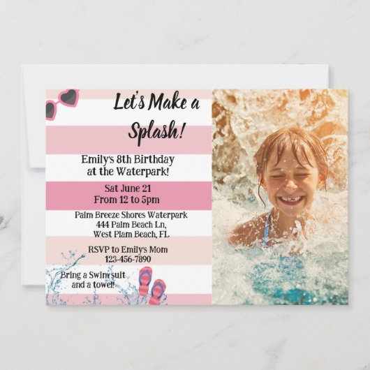 ウォーターパーク誕生日プールサマーガーリー誕生日 招待状 (正面)
