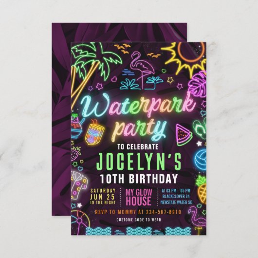 ウォーターパーク グロー パーティー 編集可能な招待状 招待状 (正面/裏面)