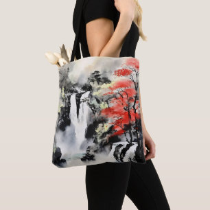 ウォーターフォールとメープルツリー絵画インク トートバッグ