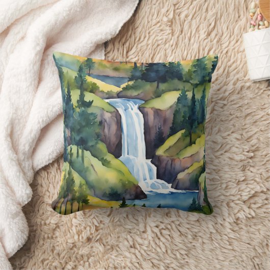 ウォーターフォールマウンテンズツリーズ自然カントリーアート クッション (ブランケット)