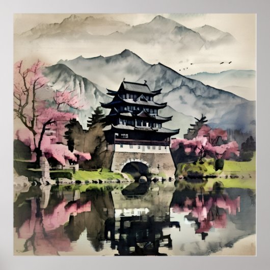 ウォーターフロントの城の風景 ポスター (正面)