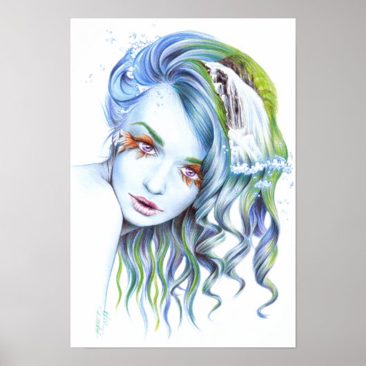 ウォーターマーメイドウーマンシュールファンタジーポートレートアート ポスター (正面)