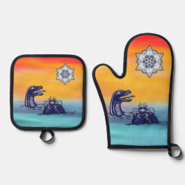 ウォーターモンスターズのオーブンミットとポットホルダー 鍋つかみ&鍋敷きセット