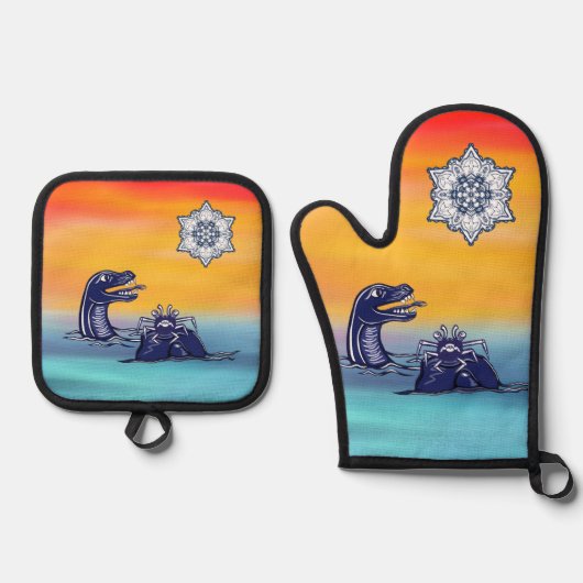 ウォーターモンスターズのオーブンミットとポットホルダー 鍋つかみ&鍋敷きセット (正面)