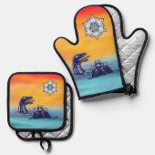 ウォーターモンスターズのオーブンミットとポットホルダー 鍋つかみ&鍋敷きセット (正面/裏面)