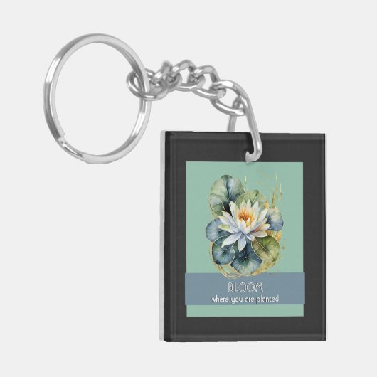 ウォーターリリーフラワー感動的引用文かわいらしグリーン キーホルダー (正面左)