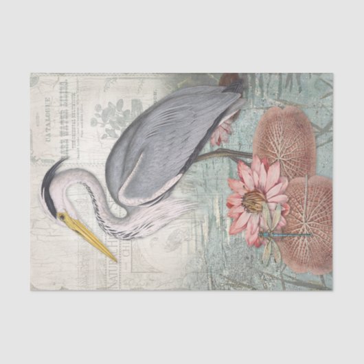 ウォーターリリーポンドグレーヘロンヴィンテージデカップアート 薄葉紙 (正面)