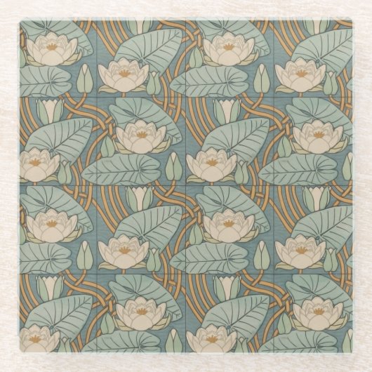 ウォーターリリーリリーアールヌーボー自然 ガラスコースター (正面)