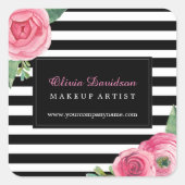 ウォータールピンクのバラとブラックストライプのステッカー スクエアシール (正面)