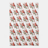 ウォーター素朴カラーウィンター(鳥)ショウジョウコウカンチョウホリーブランチ キッチンタオル (縦)