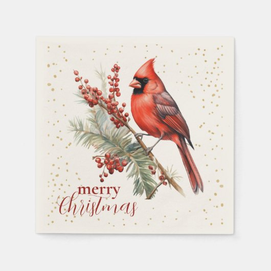 ウォーター素朴カラーウィンター（鳥）ショウジョウコウカンチョウホリーブランチ スタンダードカクテルナプキン (正面)