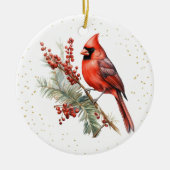ウォーター素朴カラーウィンター(鳥)ショウジョウコウカンチョウホリーブランチ セラミックオーナメント (正面)